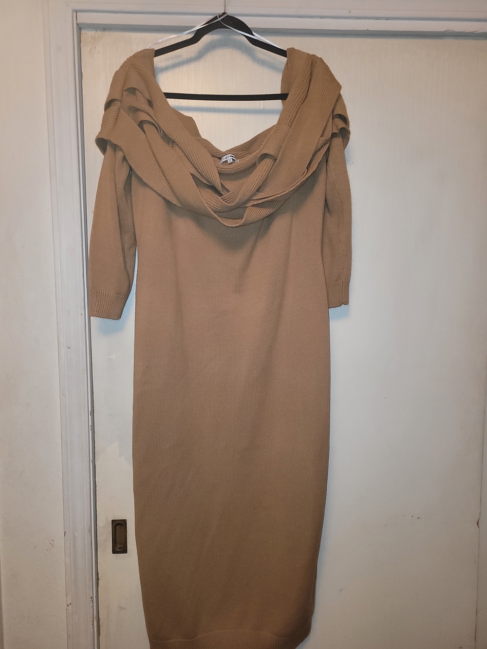 Fashion Nova Camel Off-Shoulder Knit Midi Dress